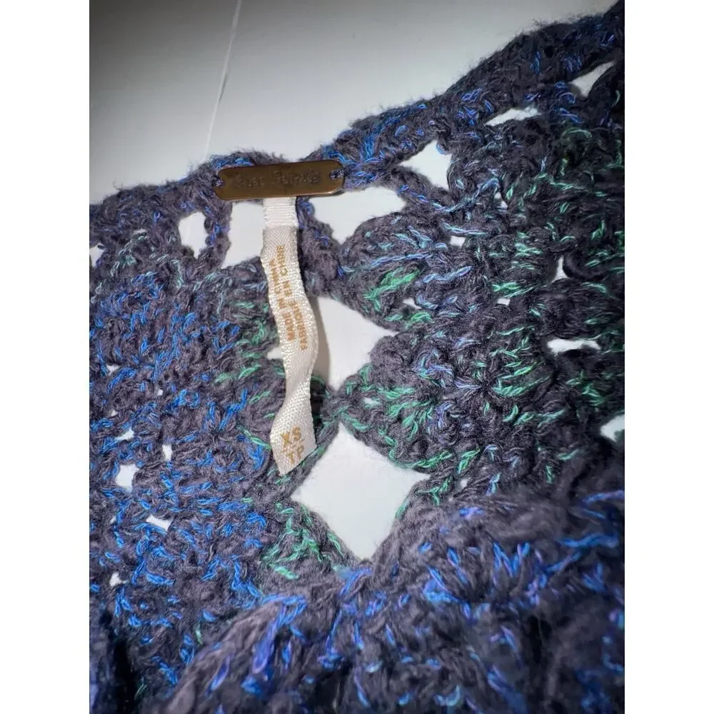 Free People Women’s XS Open Knit Crochet Sweater Boho Festival Purple‎ Blue